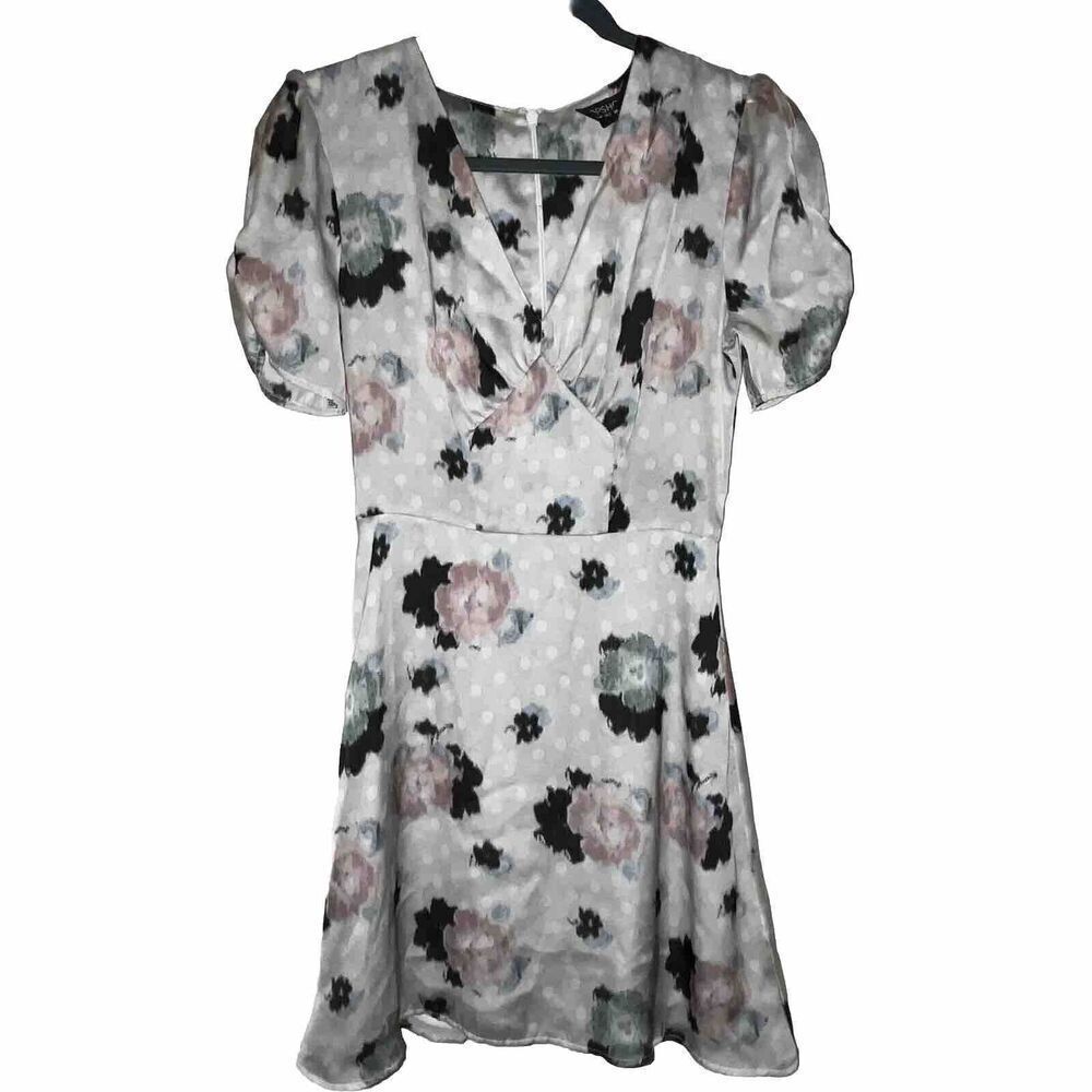 Topshop Mini Dress Sz 2 Satin Floral Polka Dot Zip Up Watercolor Art